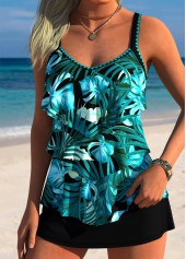 Black Mid Waisted Leaf Print Tankini Set
