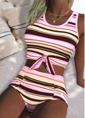 Pink Mid Waisted Multi Stripe Print Bikini Set