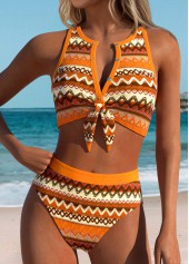 Yellow Mid Waisted Bowknot Chevron Print Bikini Set
