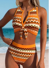 Yellow Mid Waisted Bowknot Chevron Print Bikini Set | thumb picture 