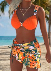 Orange Mid Waisted Three-piece Leaf Print Bikini Set | thumb picture 