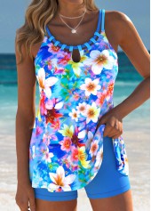 Blue Mid Waisted Lace Up Floral Print Tankini Set