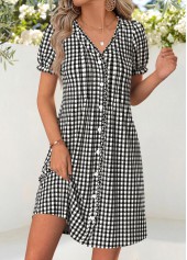 Black Plaid Short Tuck Stitch V Neck Dress