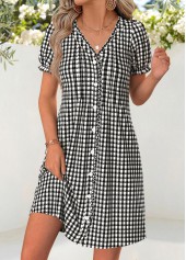 Black Plaid Short Tuck Stitch V Neck Dress | thumb picture 