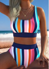Multi Color Mid Waisted Pull On Striped Bikini Set