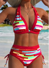 Red Low Waisted Lace Up Striped Bikini Set | thumb picture 