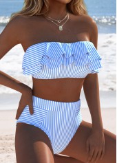 Light Blue High Waisted Ruffle Striped Bikini Set