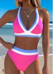 Hot Pink Mid Waisted Patchwork Bikini Set