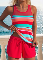 Coral Mid Waisted Patchwork Striped Tankini Set | thumb picture 