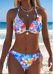 Blue Mid Waisted Two-piece Floral Print Bikini Set