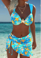 Cyan Mid Waisted Three-piece Marine Life Print Bikini Set