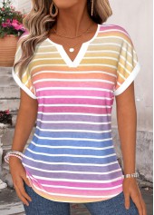 Multi Color Striped Tummy Coverage Short Sleeve T Shirt