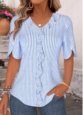 Blue Striped Ruffle Half Sleeve V Neck Blouse
