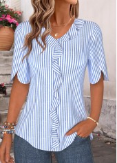 Blue Striped Ruffle Half Sleeve V Neck Blouse | thumb picture 