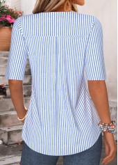 Blue Striped Ruffle Half Sleeve V Neck Blouse | thumb picture 