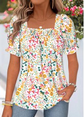 Multi Color Ditsy Floral Print Smocked Short Sleeve Blouse