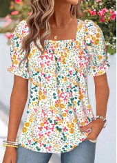Multi Color Ditsy Floral Print Smocked Short Sleeve Blouse | thumb picture 