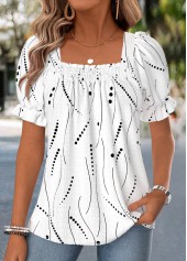 White Polka Dot Smocked Short Sleeve Square Neck Blouse