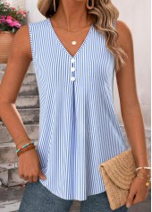 Blue Striped Pleated Sleeveless V Neck Tank Top