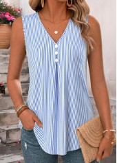 Blue Striped Pleated Sleeveless V Neck Tank Top | thumb picture 