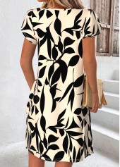 Beige Leaf Print Short Tummy Coverage Asymmetrical Neck Dress | thumb picture 