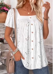 White Curved Hem Short Sleeve Square Neck Blouse