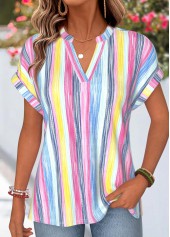 Multi Color Striped Short Sleeve Split Neck T Shirt