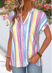 Multi Color Striped Short Sleeve Split Neck T Shirt | thumb picture 