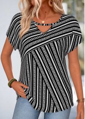 Black Geometric Print Short Sleeve Round Neck T Shirt