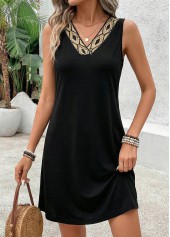 Black Short Patchwork Sleeveless V Neck Dress
