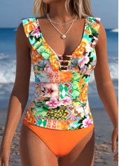 Orange Mid Waisted Ruffle Bohemian Print Tankini Set