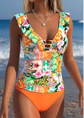 Orange Mid Waisted Ruffle Bohemian Print Tankini Set | thumb picture 