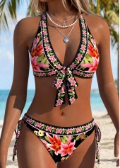 Black Mid Waisted Patchwork Floral Print Bikini Set