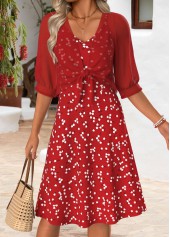 Red Ditsy Floral Print Shirred Dress and Cardigan