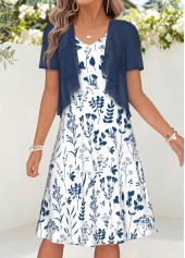 Navy Floral Print Two-piece Short Sleeve Dress and Cardigan