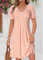 Pink Ditsy Floral Print Short Tuck Stitch Dress