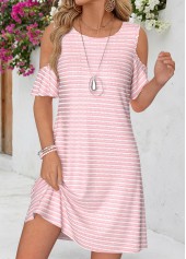 Light Pink Striped Short Tummy Coverage Round Neck Dress