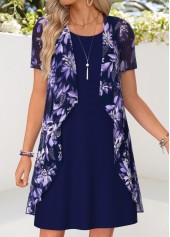 Navy Floral Print Short Two-piece Dress and Cardigan