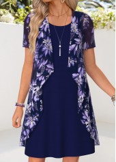 Navy Floral Print Short Two-piece Dress and Cardigan | thumb picture 