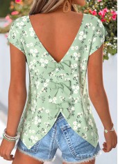Light Green Floral Print Bowknot Short Sleeve T Shirt