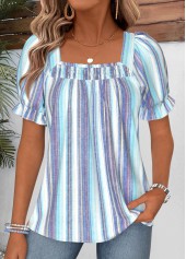Blue Striped Smocked Short Sleeve Square Neck Blouse