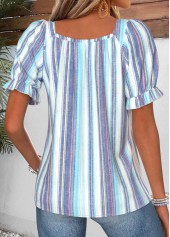 Blue Striped Smocked Short Sleeve Square Neck Blouse | thumb picture 