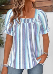 Blue Striped Smocked Short Sleeve Square Neck Blouse | thumb picture 