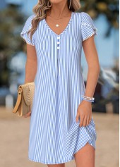 Light Blue Striped Short Tummy Coverage V Neck Dress