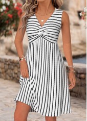 White Striped Short Shirred Sleeveless V Neck Dress | thumb picture 
