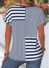 Navy Striped Tummy Coverage Short Sleeve Split Neck Blouse | thumb picture 