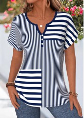 Navy Striped Tummy Coverage Short Sleeve Split Neck Blouse | thumb picture 