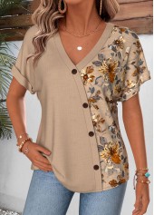 Light Coffee Floral Print Button Short Sleeve Blouse
