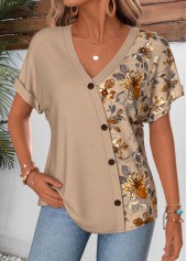 Light Coffee Floral Print Button Short Sleeve Blouse | thumb picture 