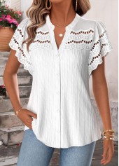 White Shirred Short Sleeve Split Neck Blouse